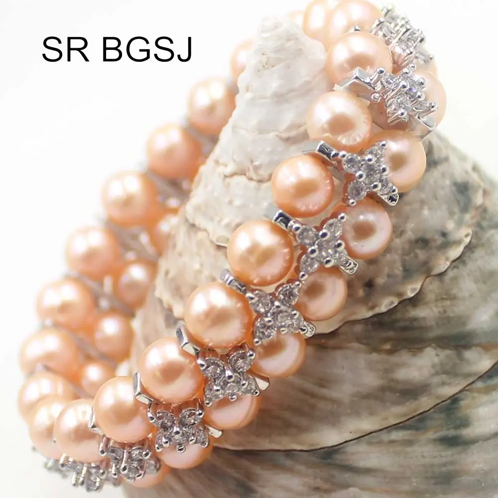 Free Shipping 7-8mm Nearly Round Freshwater Pearl Handmade Girl 2-Strand Stretch Adjustable Bracelet 7&quot | Украшения и