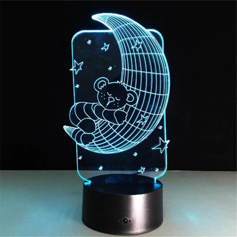 3D lamp Teddy Bear on the Moon Stars Acrylic Illusion LED Sleeping Lamp Kids Gifts 7 Colors Night Light children's night light | Лампы и