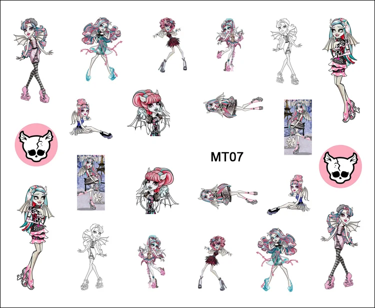 1 лист ногтей MT07 Monster High Pink Rochelle Goyle мультяшный череп для ногтевого дизайна водные