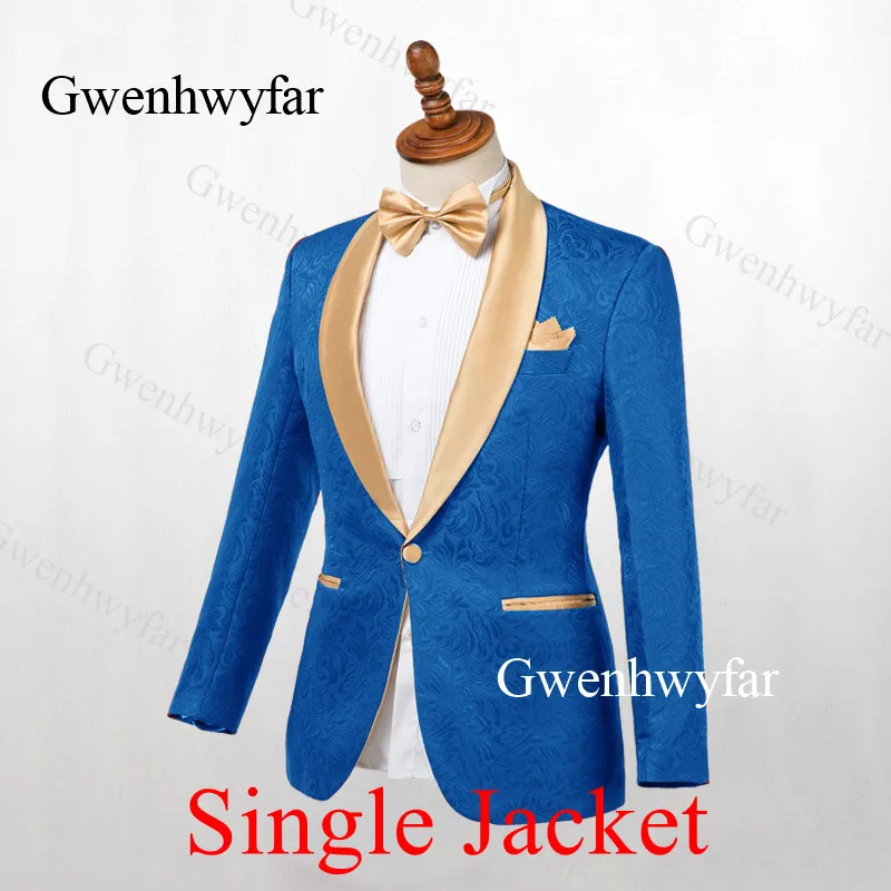 royal blue jacket Gwenhwyfar мужской темно-синий костюм жаккард золотой нагрудный жених смокинг для вечеринки Выпускной мужской свадебный костюм(куртка+ брюки - Цвет: royal blue jacket