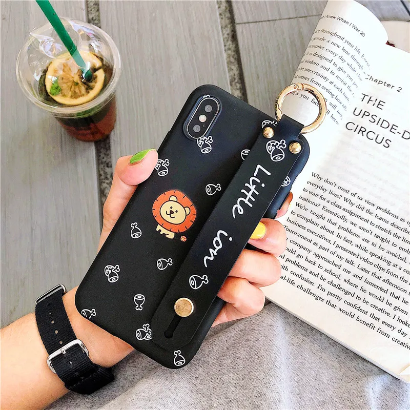 cute cartoon lion wrist strap Kickstand IMD black soft shell mobile phone bag For Apple iphone 6 6s 7 8 Plus X XS XR MAX case |