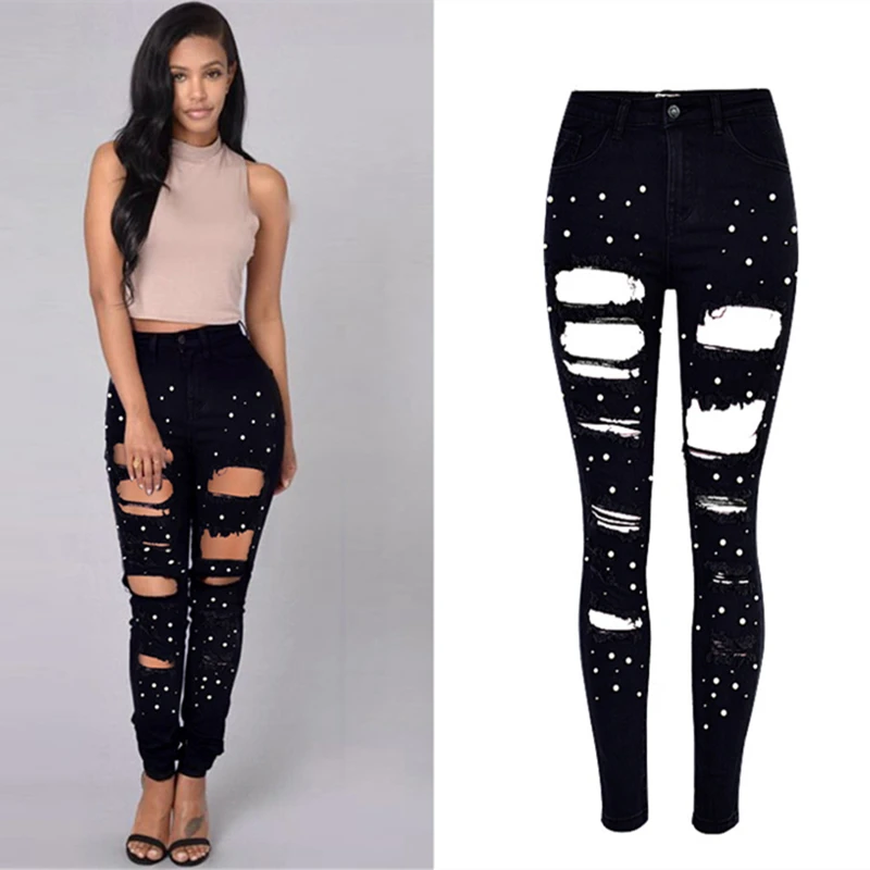 Женские джинсы LOGAMI с высокой талией женские жемчугом черные брюки|Узкие джинсы| |