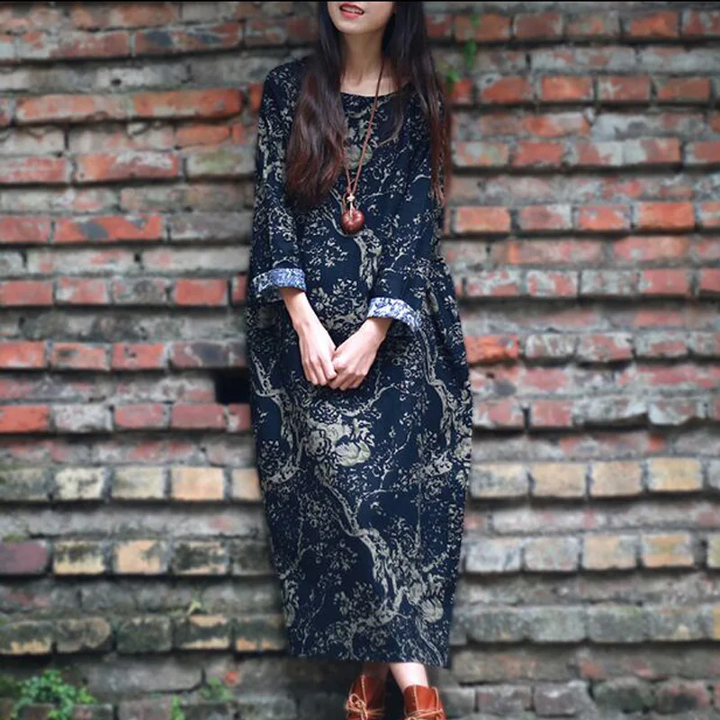 Женское летнее платье макси свободное винтажное трапециевидной формы с длинными