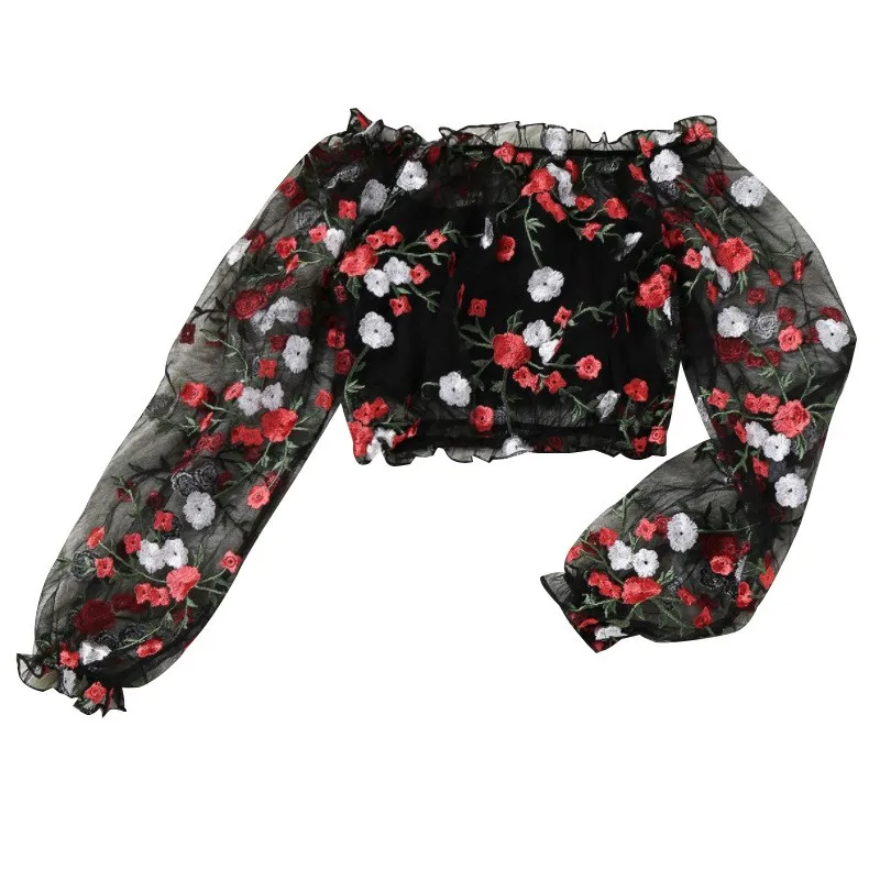 Женская Повседневная Блузка с вышивкой сетчатая блузка рукавами-фонариками