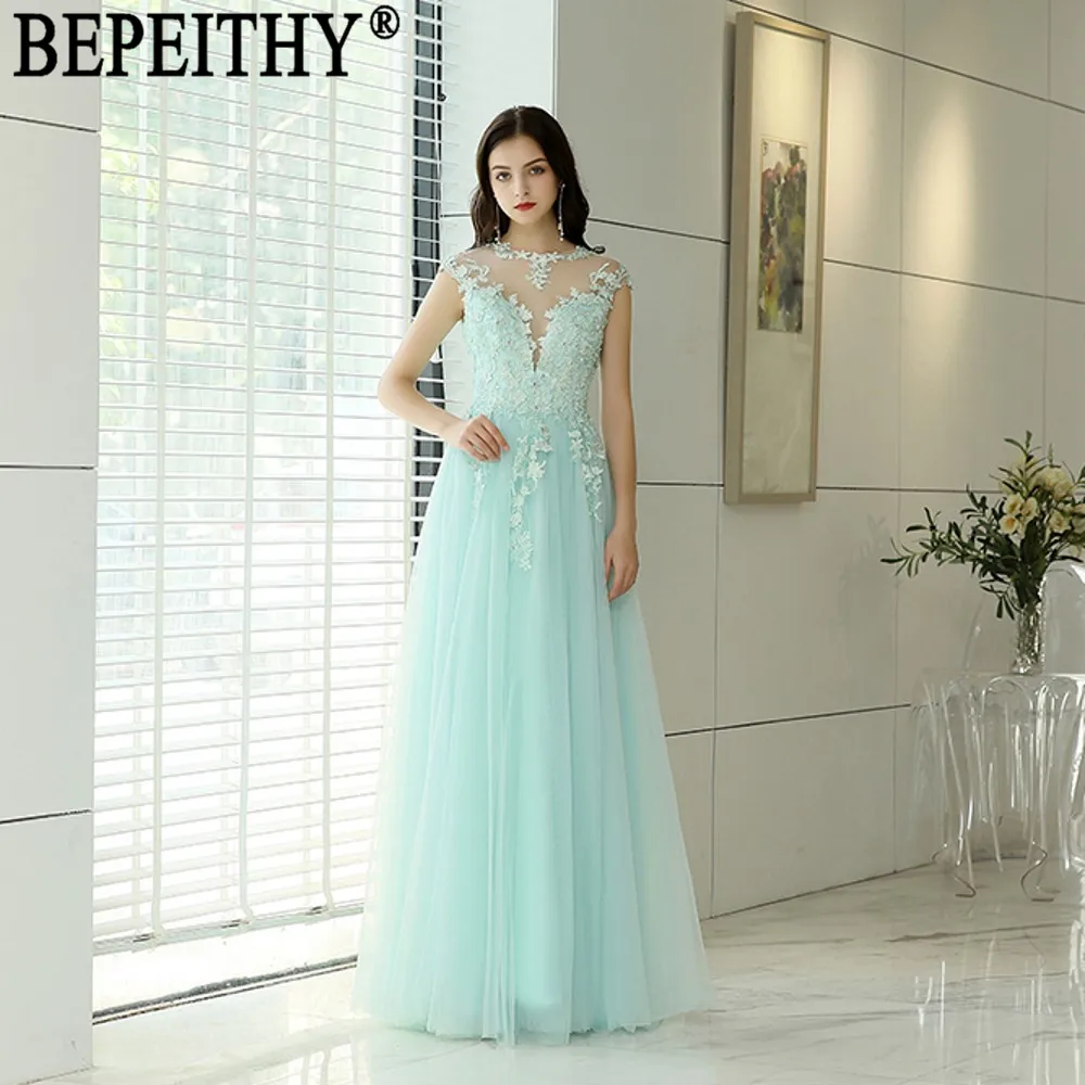 BEPEITHY vestido de festa дизайн с высоким вырезом короткий рукав Тюль Аппликации Длинные вечерние платья новое поступление