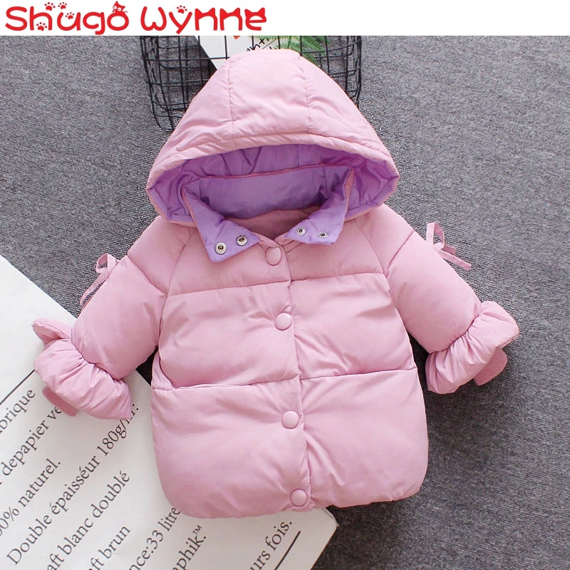 Зимний детский пуховик с капюшоном из толстого теплого снегостойкого хлопка с пышными рукавами