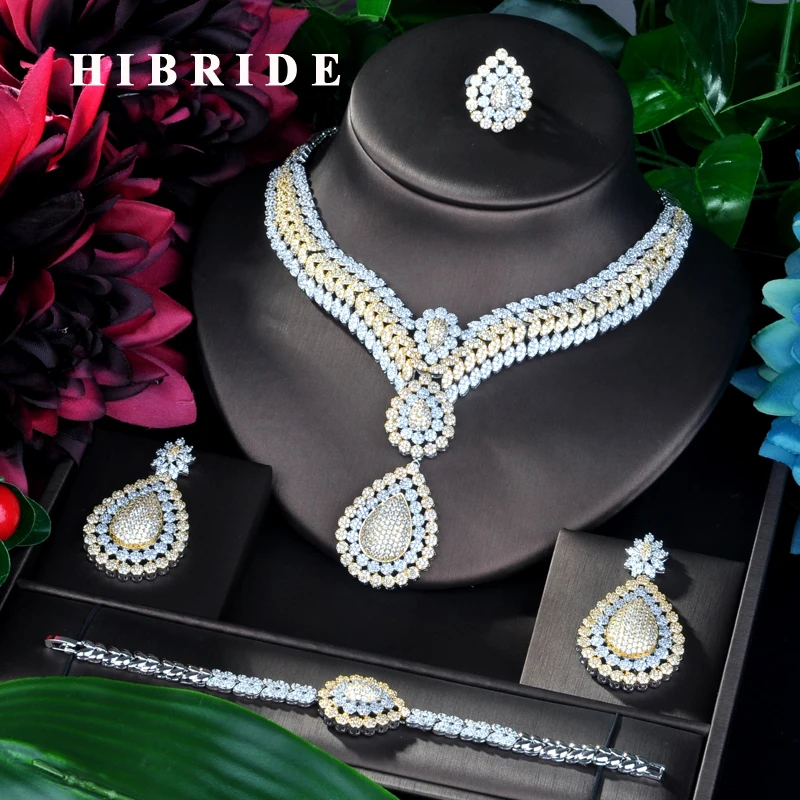 

HIBRIDE Beauty Big Jewelry Luxury Double Tone Women Wedding Naija Bridal Cubic Zirconia Necklace Dubai Dress Jewelry Set N-851