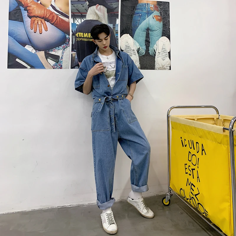 

2019 New Hip Hop Light Blue Short Sleeve Denim Jumpsuit Loose Fit