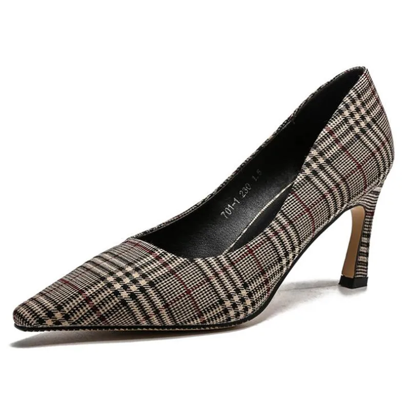 

Women Shoes Pointed Toe Pumps Checkered cloth Basic Flock Slip-On Shallow Wedding Party Casual 7CM Thin High Heels Shoes