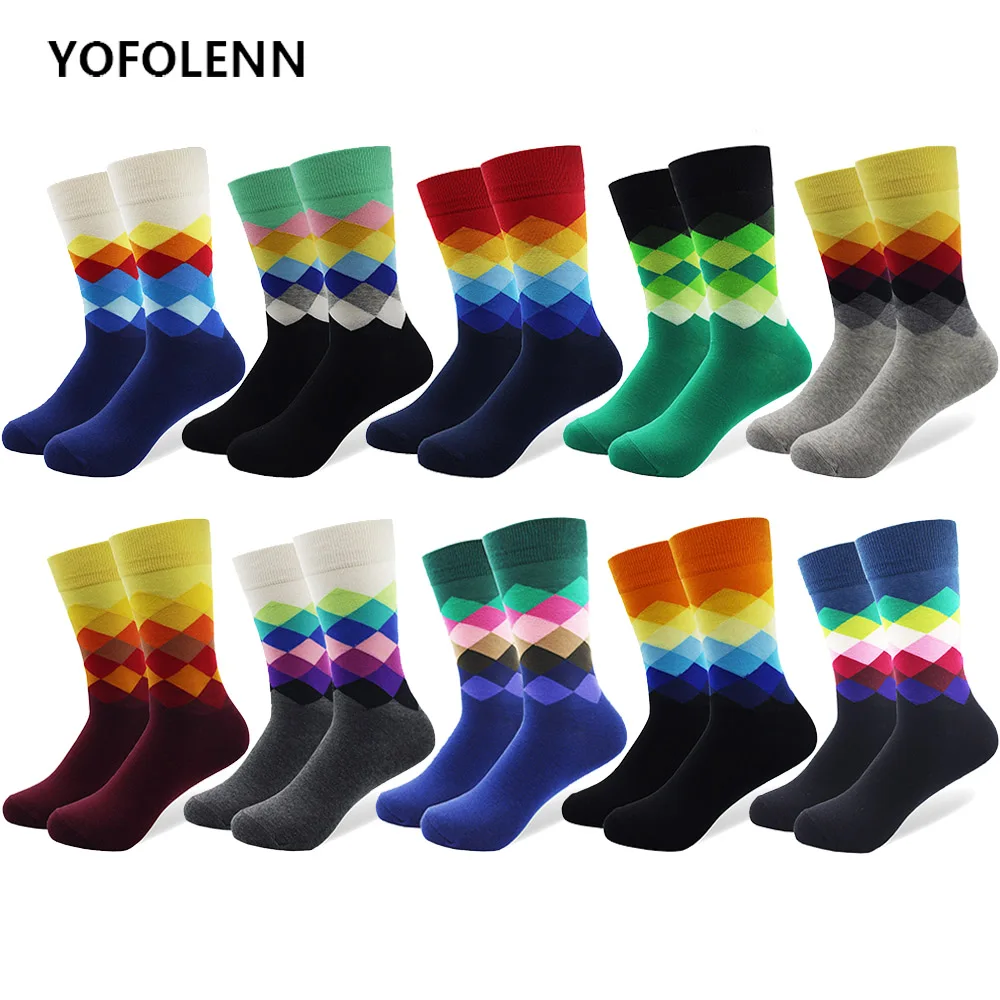 

10 парт/лот размера плюс повседневные красочные счастливые носки в клетку с рисунком для мужчин носки хлопковые с забавным теплые дышащие носки в британском стиле для скейта