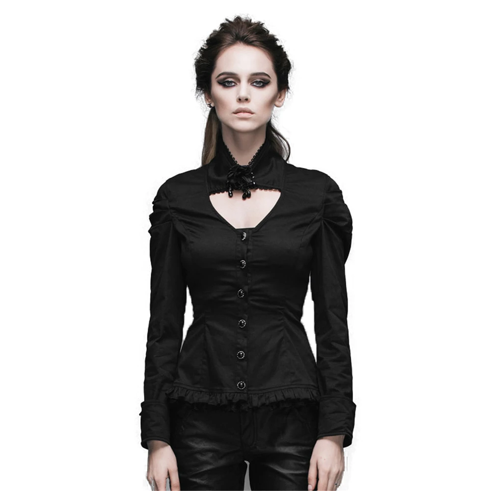 

Женская блузка с длинными рукавами в стиле панк, черная приталенная Повседневная Блузка с высоким воротником, весна-осень