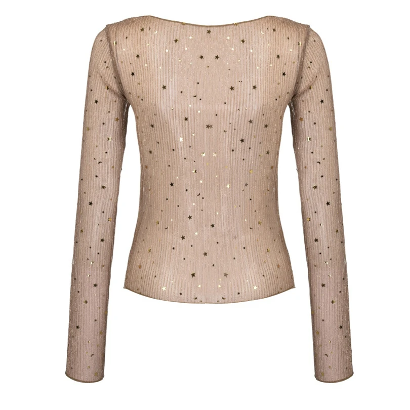 MIARHB модные женские туфли с длинным рукавом футболки Sexy Gold Star прозрачной сетки перспектива Свободные Топ уличные футболки пляжный топ A2