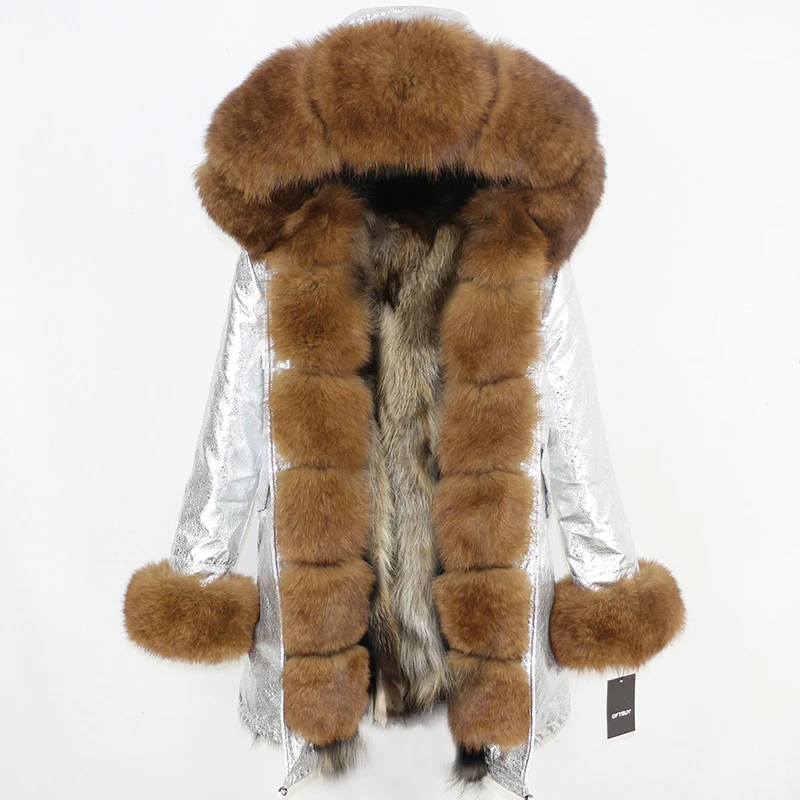 OFTBUY, длинная парка, зимняя куртка для женщин, натуральный Лисий мех енота, пальто с воротником, толстая теплая верхняя одежда, уличная одежда, съемная - Цвет: silver brown