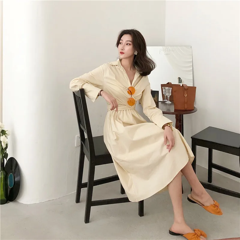 2018 Vintage Asymmetrical Long Sleeve Shirt Dress Women Back Bow with Sashes Korean Chic Yellow Blue Woman Casual Spring | Женская