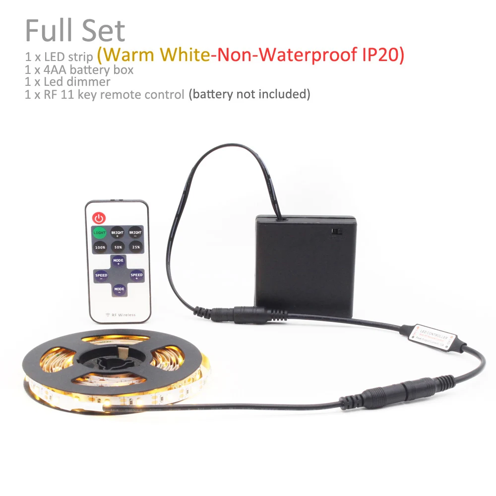 LED Strip Remote Battery Powered Strip Light Dimmable DC 5V LED Tape Battery Operated Stripe Waterproof 4AA with 11 Keys Remote - Испускаемый цвет: Warm White IP20