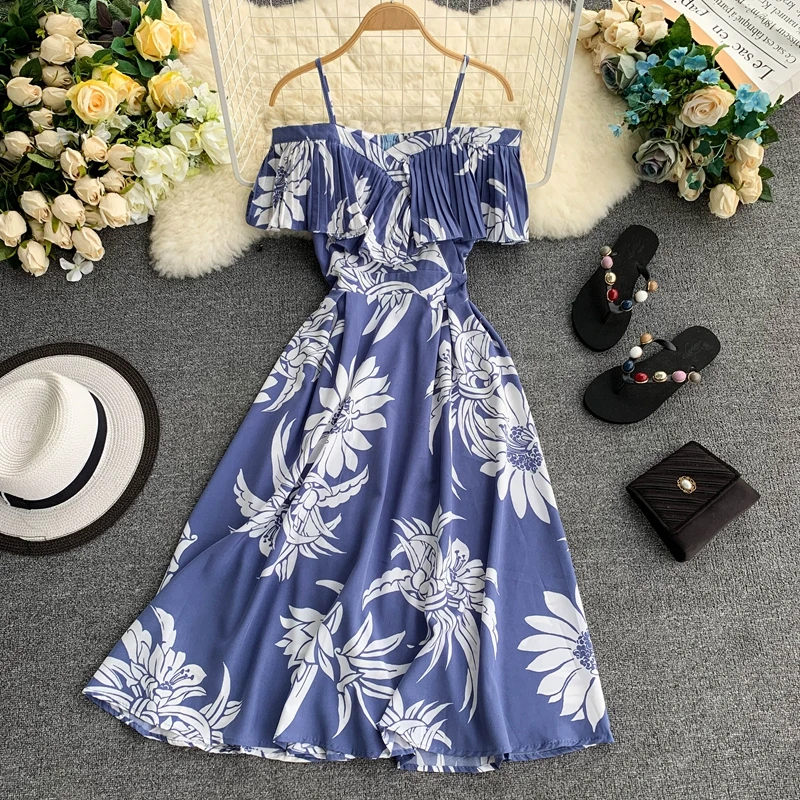 

Holiday Pleated Chiffon Print Dress Women Sexy Print Slash Neck Ruffle Elegant Vestidos F826