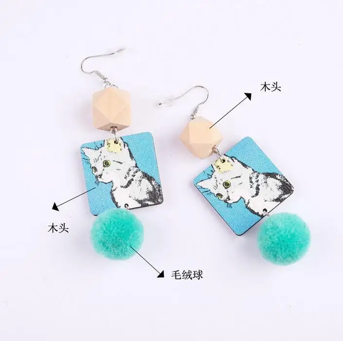 Lovely Harajuku Funny Wood Drop Earrings Little Cat Fuzzy Ball Dangle for Women Girl Fashion Printed | Украшения и аксессуары