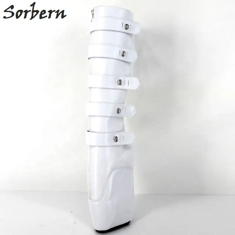 Sorbern/женские сапоги до колена; английская обувь; черные сапоги с замочком; сапоги с квадратным носком; балетная обувь на танкетке; обувь унисекс - Цвет: White Shiny