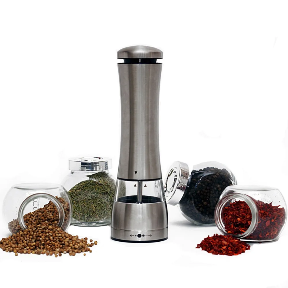 Verkaufen Elektrische Pfeffermühle Salz Automatische Edelstahl Pfeffer Schleifen Flasche Freies Küche Gewürz Schleifen Werkzeug Automatische Mühlen