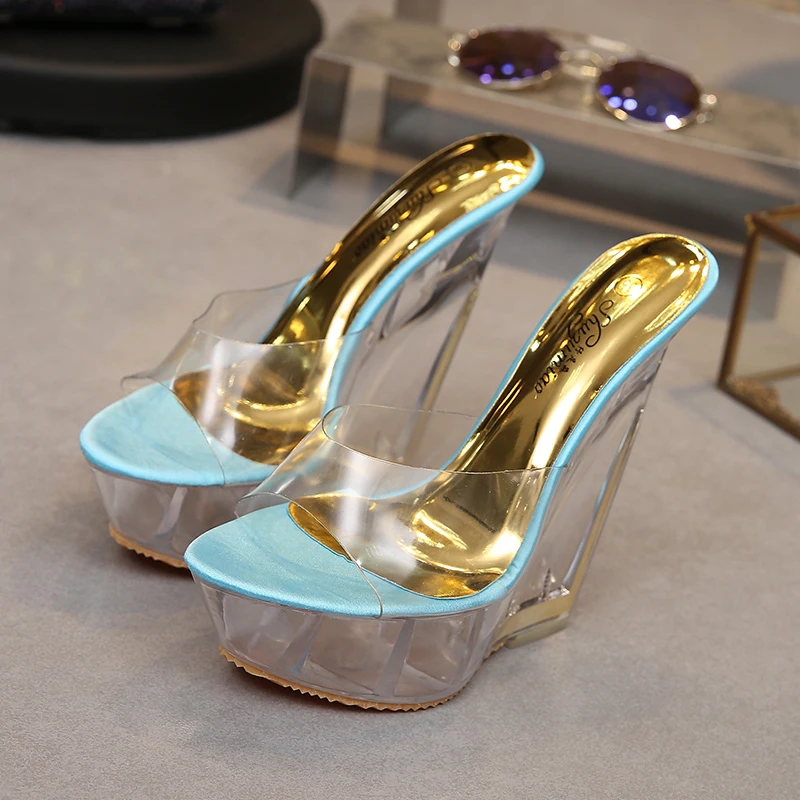 

Women Shoes Special Crystal Wedges Female Waterproof Anti-skid Slippers Summer Thick Sexy High-heeled 14cm Sandals All-match