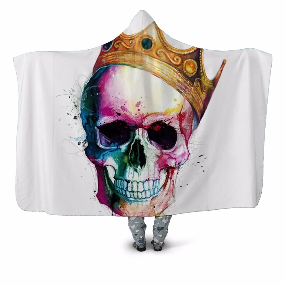 

Crown Colorful Skull 3D Printed Plush Hooded Blanket for Adults Children Warm Wearable Fleece Throw Blanket Home Office Washable