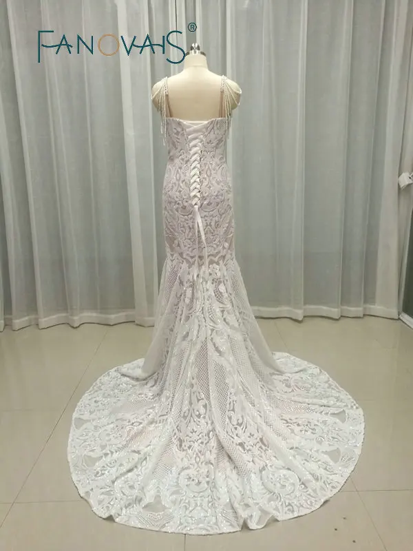 Кружева Русалка свадебные платья спагетти жемчуг роскошные robe de mariee Vestido novia 2019