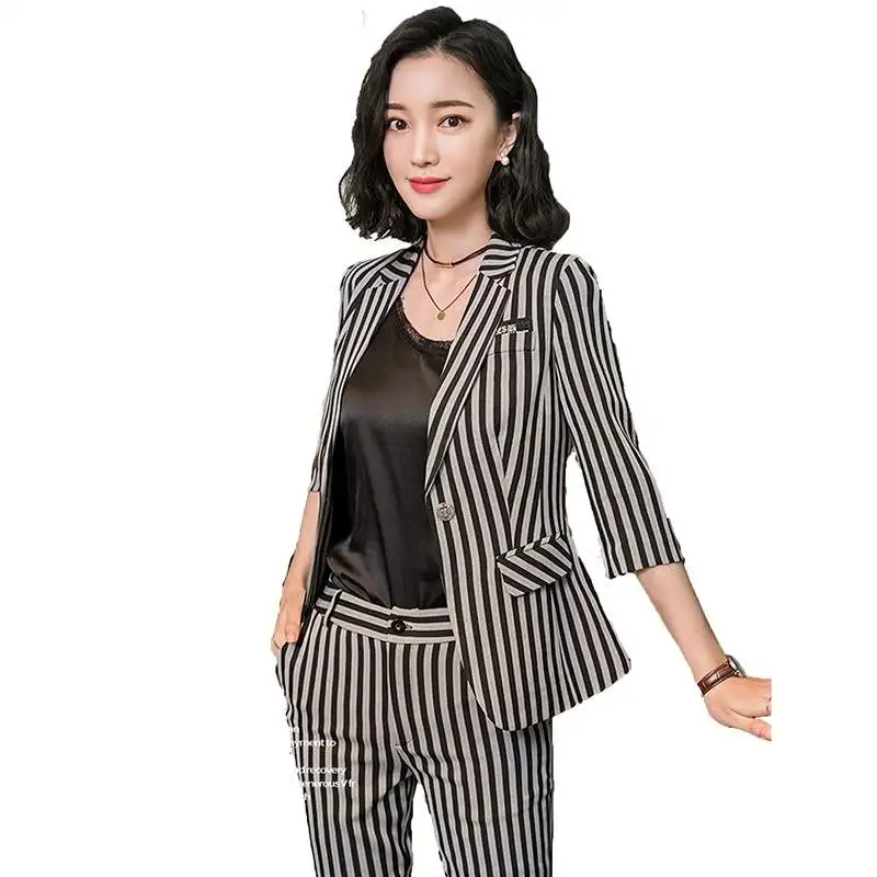 

2019 Ladies Casual Long Section Composite Fabric Blazer Jacket Pants 2pcs Set Female Long Sleeve Fashion Striped Women Suit W12