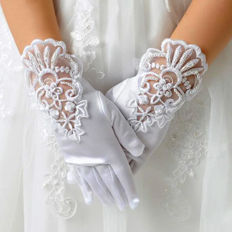 Модные детские кружевные Сатиновые короткие перчатки с длинным рукавом цветами