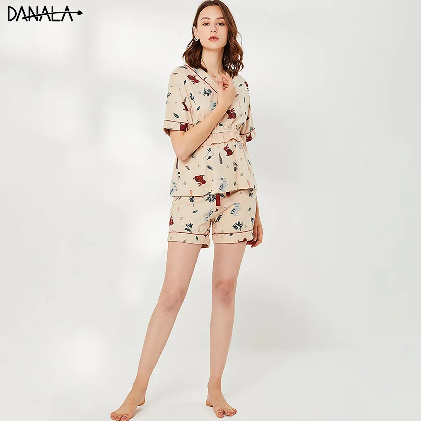 Женский пижамный комплект DANALA 100% хлопок с шортами летняя домашняя одежда |
