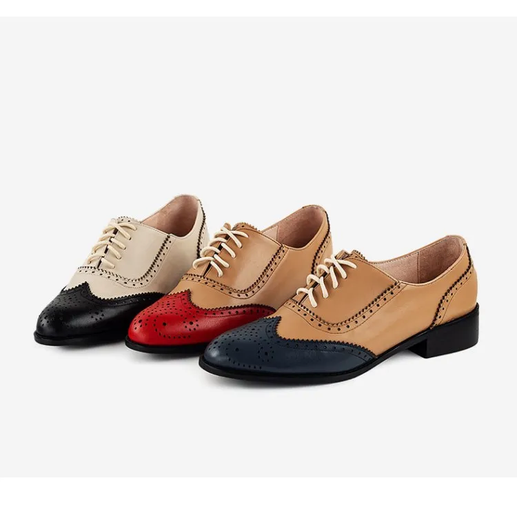 

Retro Brogue Genuine Leather Woman Oxford Shoes British Style Vintage Cut-Outs Flat Shoes Casual Oxford Shoes for Women