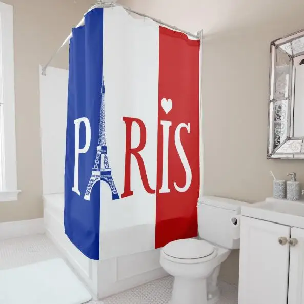 

Creative Paris Typography with France Flag Shower Curtain Set Novelty Classic Famous Tower Bathroom Curtain Gifts Modern Decor