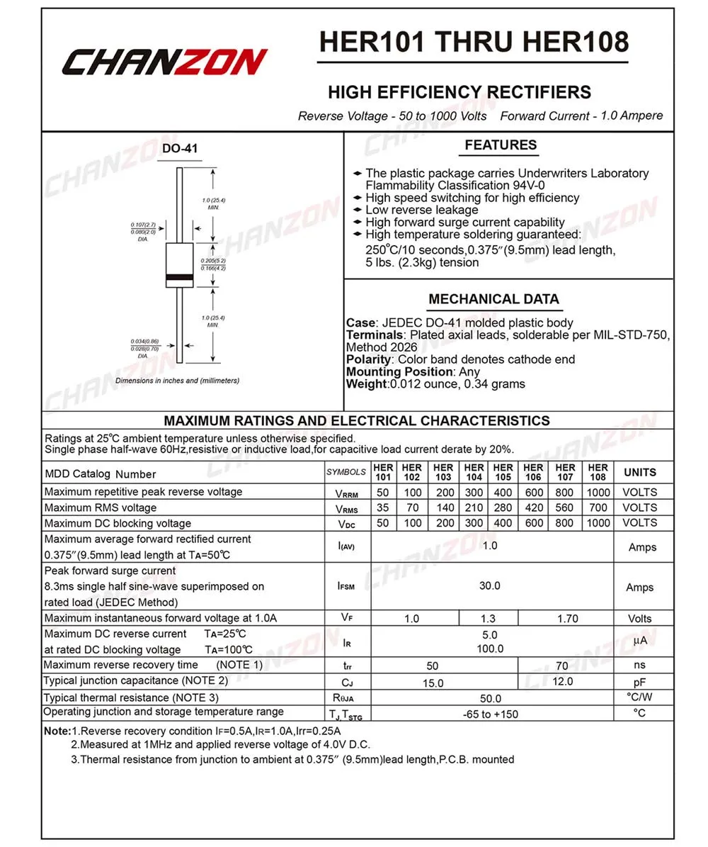 100 шт.) HER108 высокоэффективный выпрямительный диод 1A 1000 В 50-70ns DO-41(DO-204AL) осевой 1 Ампер 1000 Вольт ее 108