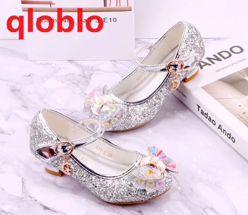

qloblo Children High Heel Shoes Butterfly Knot Kids Leather Princess Shoes Girls Flower Casual Glitter