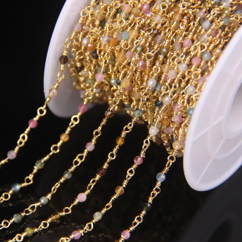 

5Meter Natural Colorful Tourmaline 2mm Faceted Round Beads Rosary Chain,Gold Brass Wire Wrapped Necklace Bracelet Sweater Chains