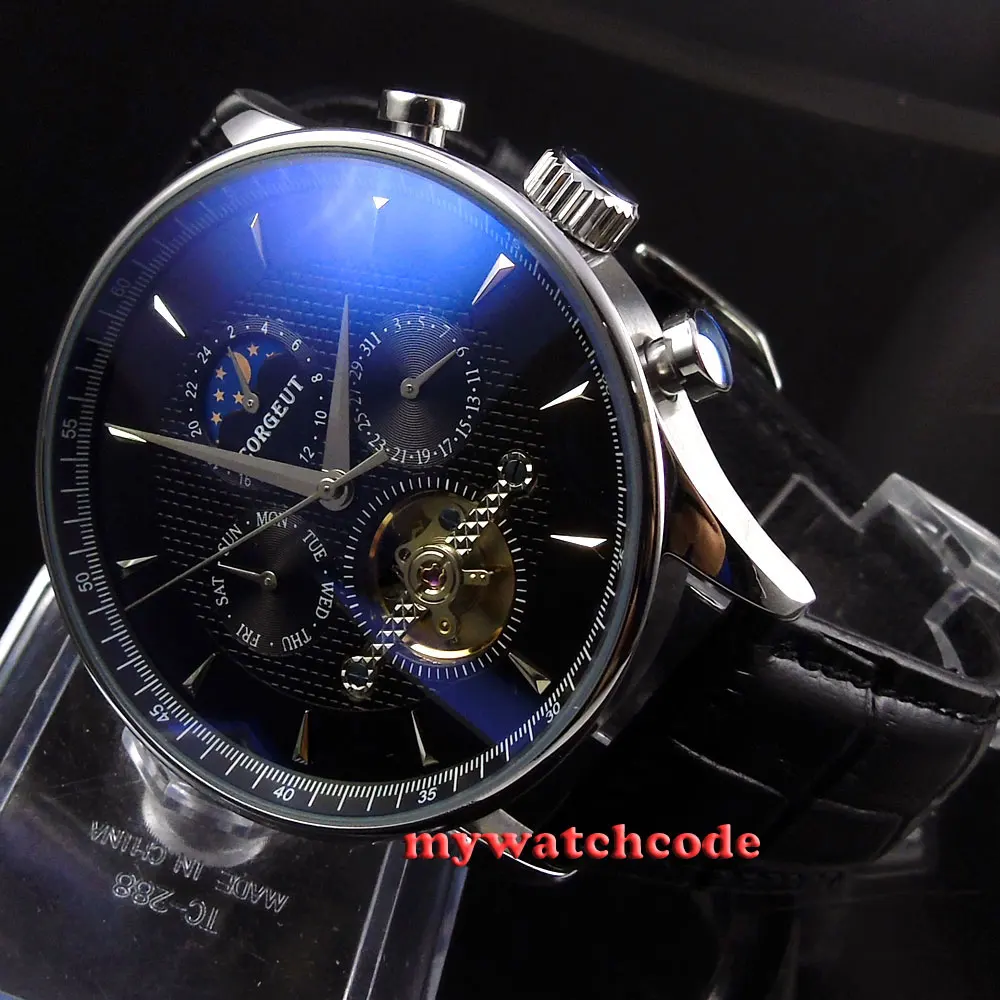 

44mm corgeut black dial anti reflective glass automatic mens wrist Watch C35