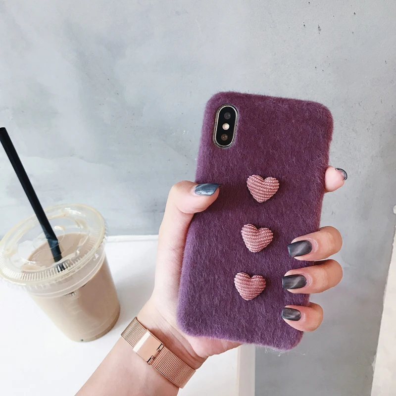 Милый модный фиолетовый пушистый чехол для iPhone xs max xr x мягкий с сердцем 7plus 7 8 plus 6s 6