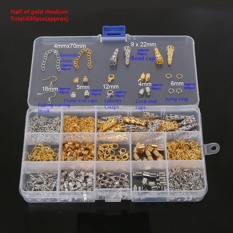 1approx 650pcs Ювелирные изделия аксессуары набор бисера колпачок s прыгающие кольца серьги крюк обжимной Конец крышка застежка Лобстер удлинительная цепь DIY Изготовление HK066 - Цвет: 1approx 650pcs
