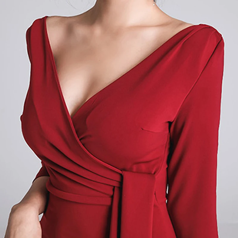 Сексуальное Красное Кружевное облегающее женское вечернее платье с v образным