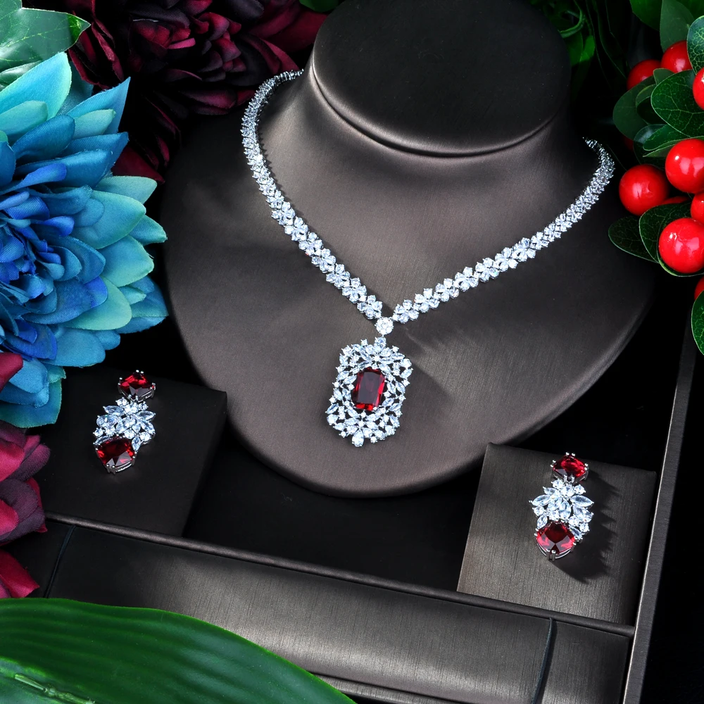 Модные красные AAA CZ Ювелирные наборы для женщин ожерелье набор Bijoux Femme аксессуары геометрический дизайн Ювелирные изделия Подарки N-946