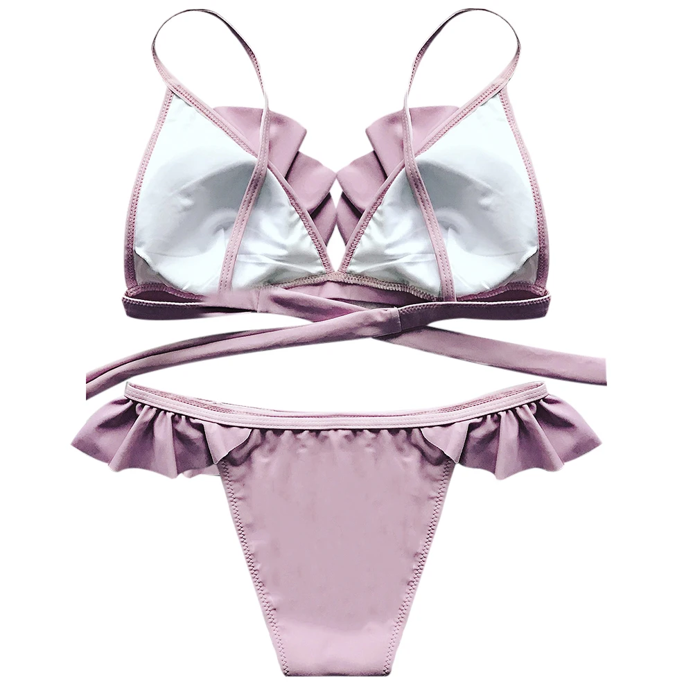 2017 г. сексуальный розовый комплект бикини с мягкими бретельками и рюшами высокой