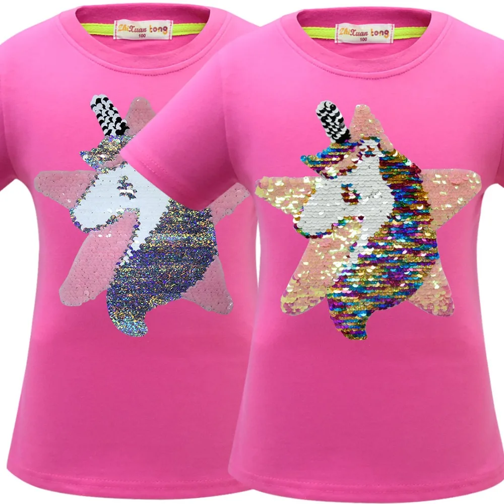 Футболка с единорогом летняя одежда для маленьких девочек Camiseta Unicornio, футболка топы для девочек, Femme, Детская футболка, Enfant, для дня рождения, цветная, с блестками