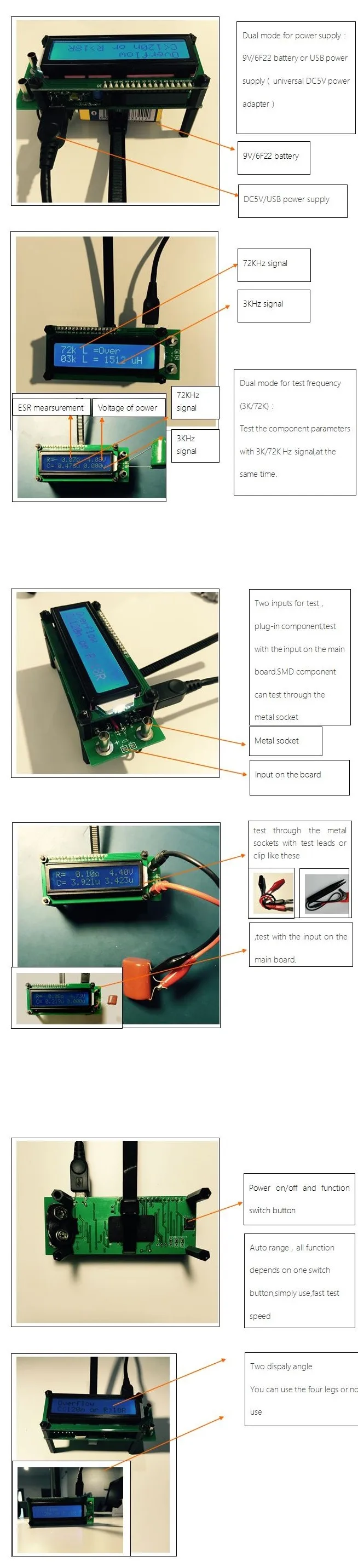 AideTek ESR01 ESR LCR метр Ом Емкость 0,01-20 0-60uH индуктивность 72 к 3 кГц ESR01