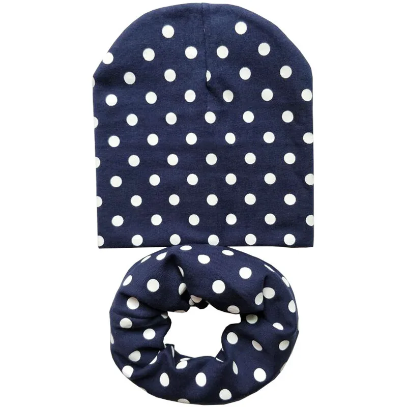 Dots navy 1 комплект, осенне-зимняя хлопковая шапка для малышей, шапка для мальчиков и девочек, детские вязаные шапки, шапки для младенцев, шарф с воротником, детская шапка s, gorros infantiles invierno - Цвет: Dots navy