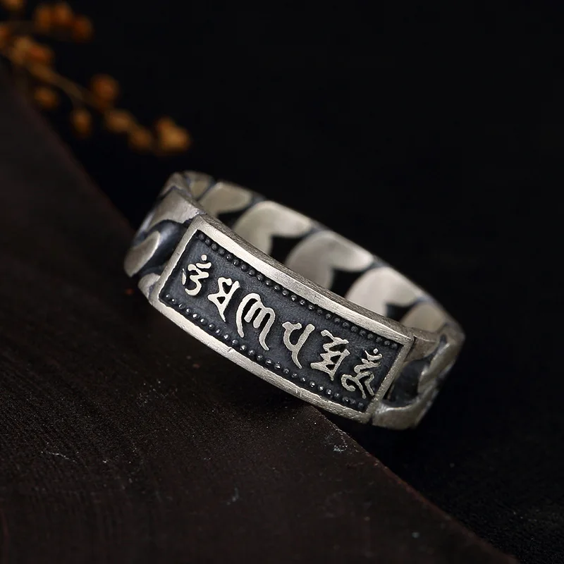 

S990 Fine Silver Restoring Ancient Ways Is Six Words Dorje Is Woven Ring Character Joker Silver Rings For Men And Women