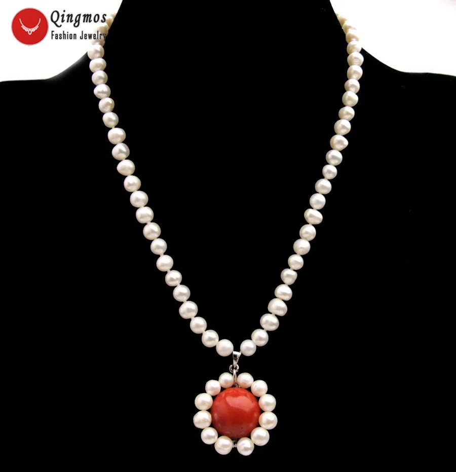 Red16mmCoral Qingmos Трендовое 30 мм ожерелье для женщин с 6-7 мм белый натуральный жемчуг ожерелье 18 мм Ожерелье из зеленого камня 1" чокеры - Окраска металла: Red16mmCoral