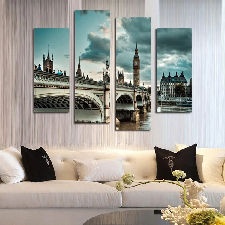 

4 pieces modern wall picture canvas painting big ben and bridge photo print decorative landscape art for living room unframed