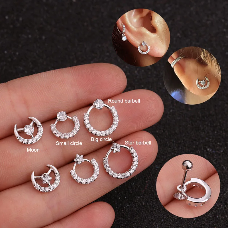 Sellsets 20g штанга нержавеющая сталь с круглый фианит Луна хрящевая спираль серьги в