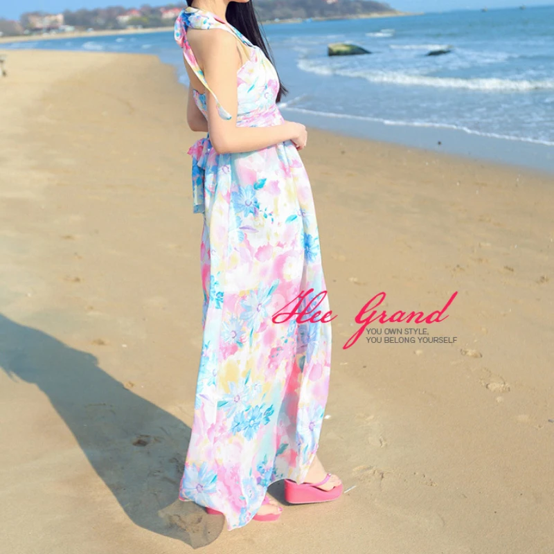 Лонг-платье 2016 лето женщины-бич цветочный принт спагетти ремень длинное платье
