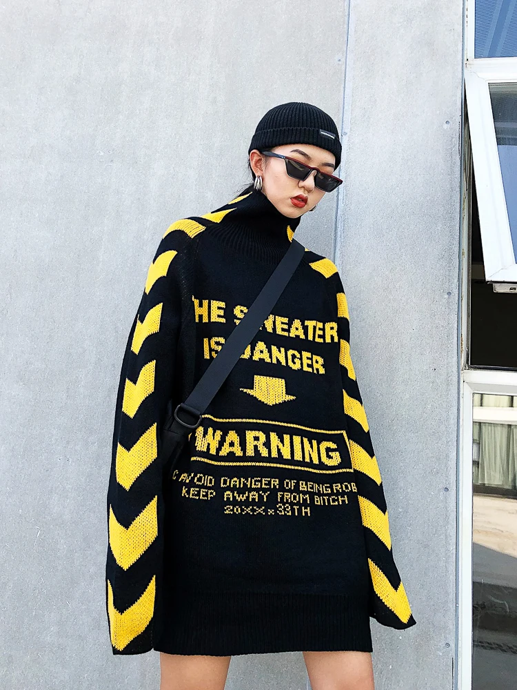 Lovers sweater BF Guochao Street arrow stripes loose oversize knock cool wear high collar knitting on both sides sweaters | Женская