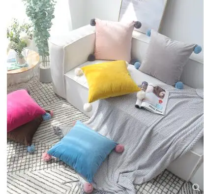 

45x45cm wool balls cushion cover solid color velvet pillowcase lumbar pillow cover for cushion indoor